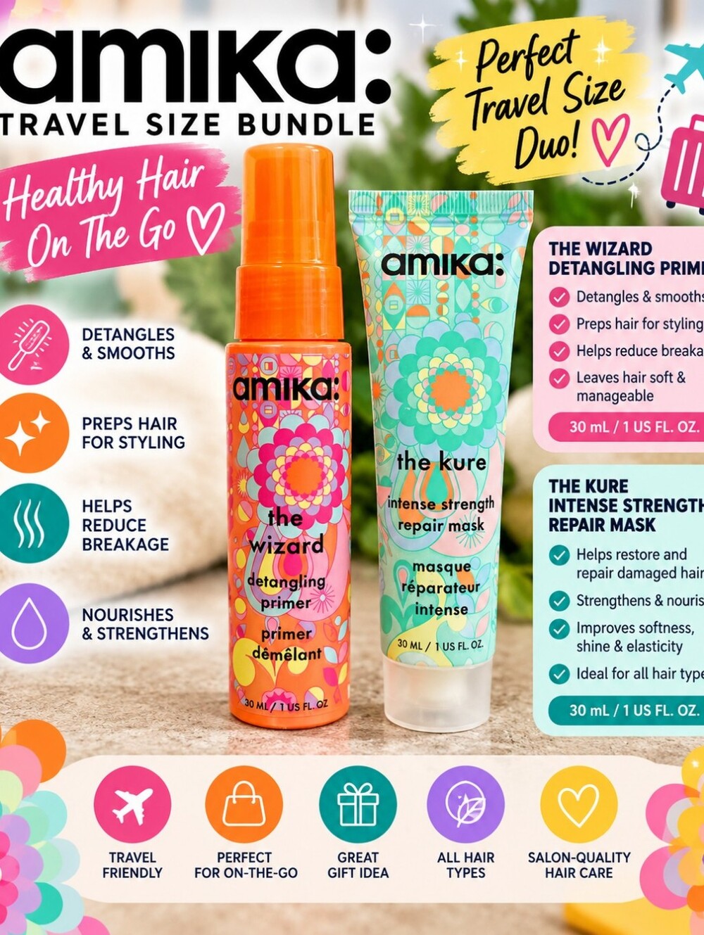 Amika Travel Size Hair Care Bundle The Wizard + The Kure 1 oz Each